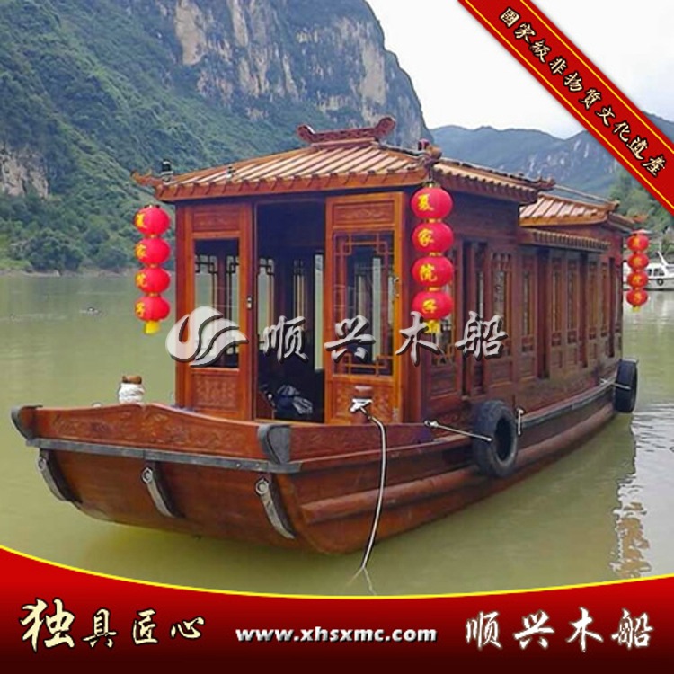 兴化市顺兴木船供应用于旅游观光|餐饮摄影|双层电动的非遗手艺打造公园景区休闲电动观光