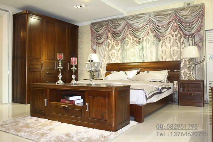 供应上海柚木家具定制 卧室成套家具纯实木双人床柚木双开门衣柜现代中式