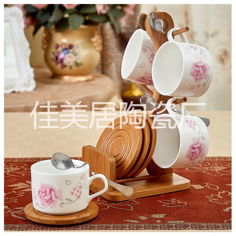 欧式高档创意陶瓷木架咖啡杯套装 时尚高档创意陶瓷木架咖啡杯套装图片