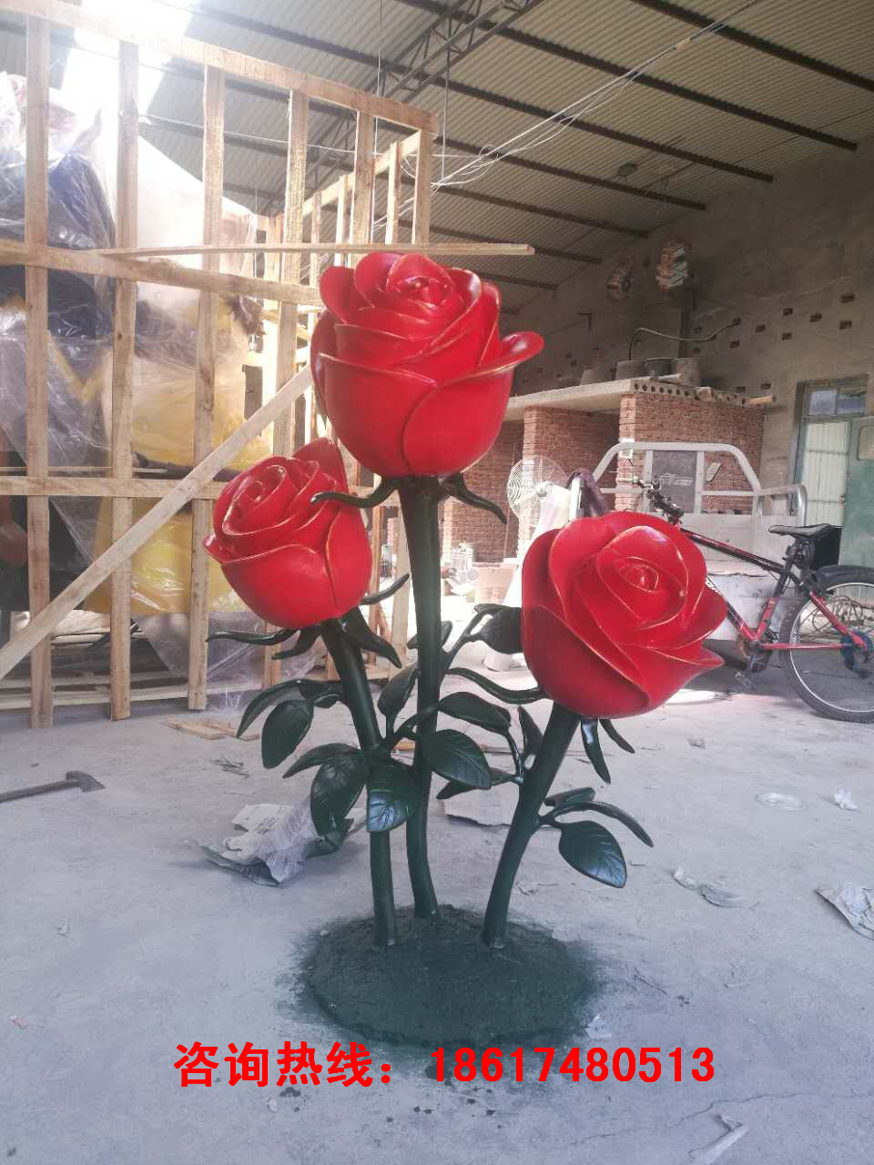 玻璃钢仿真玫瑰花雕塑摆件批发