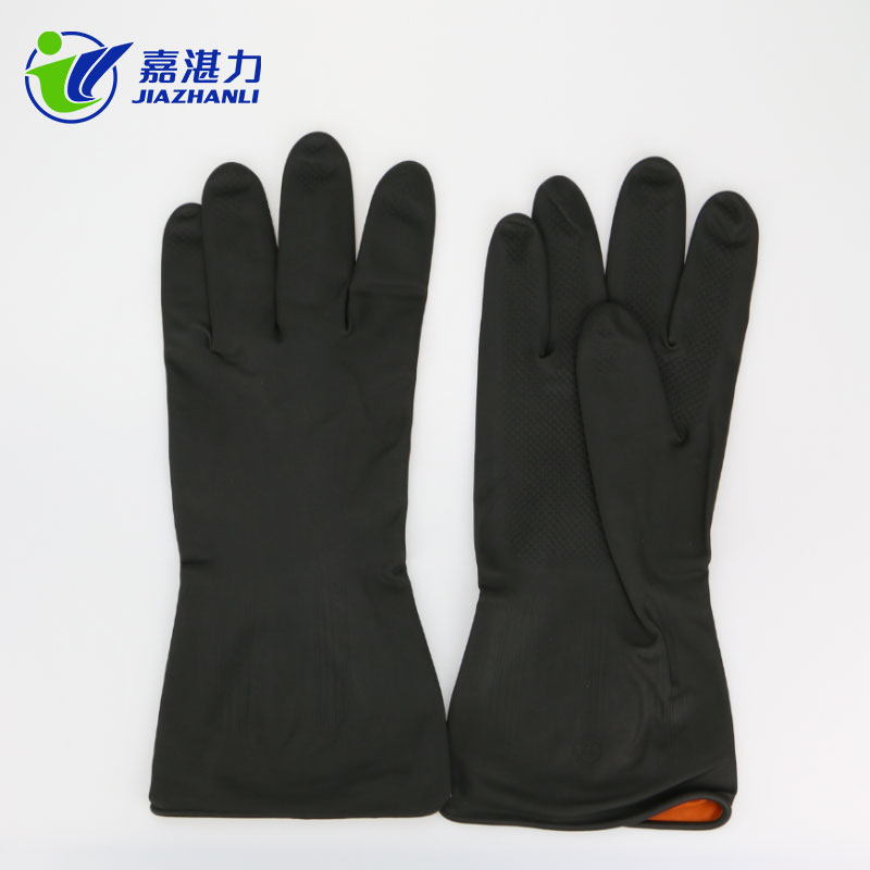 黑工业手套 80克加厚植绒工业乳胶手套 内橙外黑工业劳保防护橡胶手套厂家