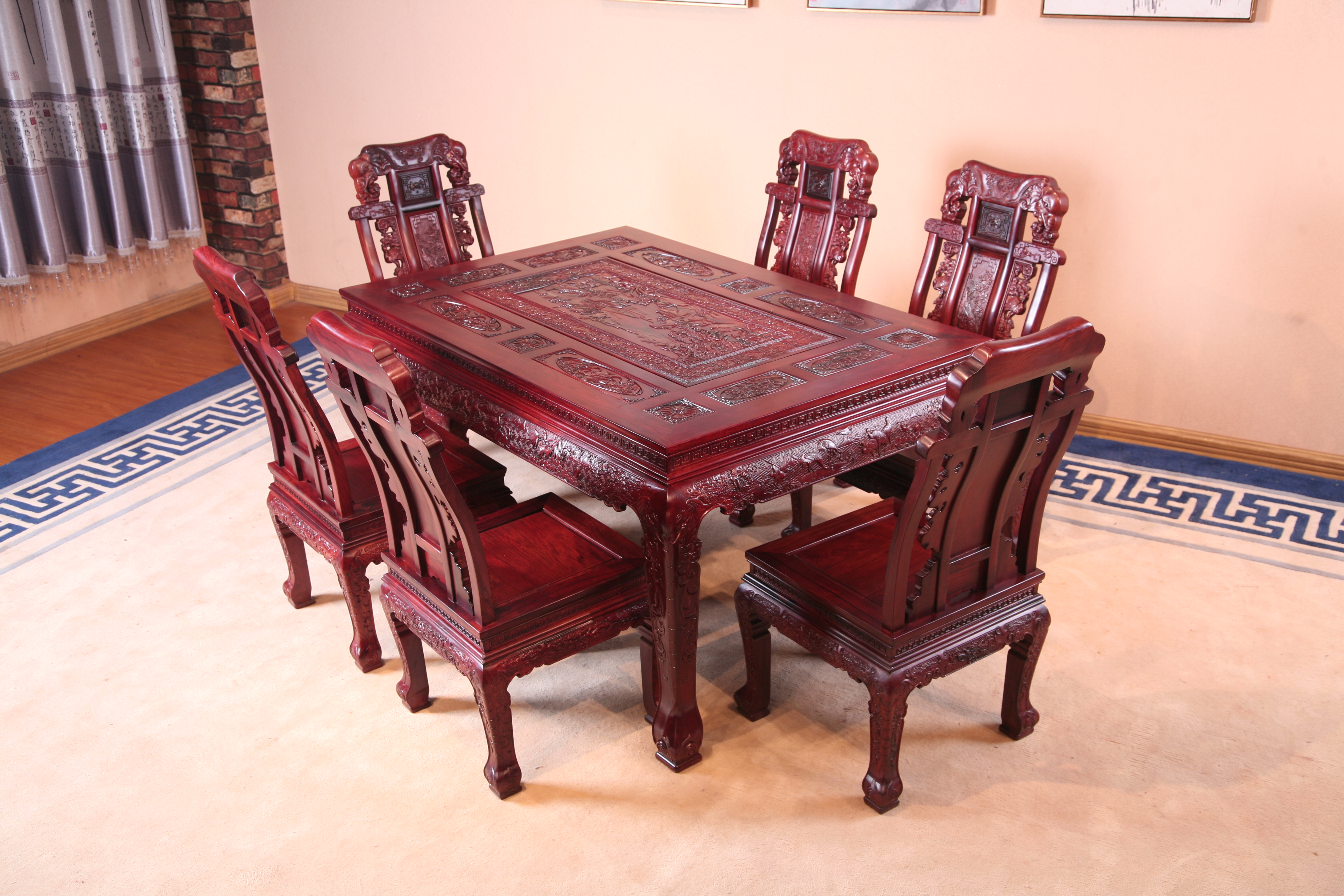 厂家直销大红酸枝餐桌花枝长方形餐桌红木餐桌大红酸枝餐桌椅组合