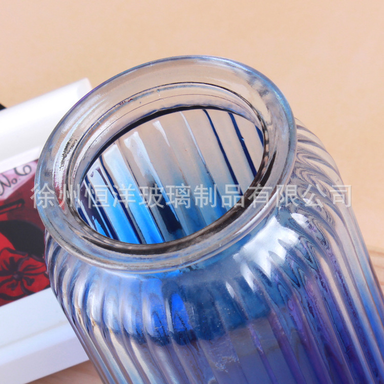 批发欧式复古透明彩色竖纹水培玻璃花瓶家居装饰摆件条纹插 花瓶 烛台图片