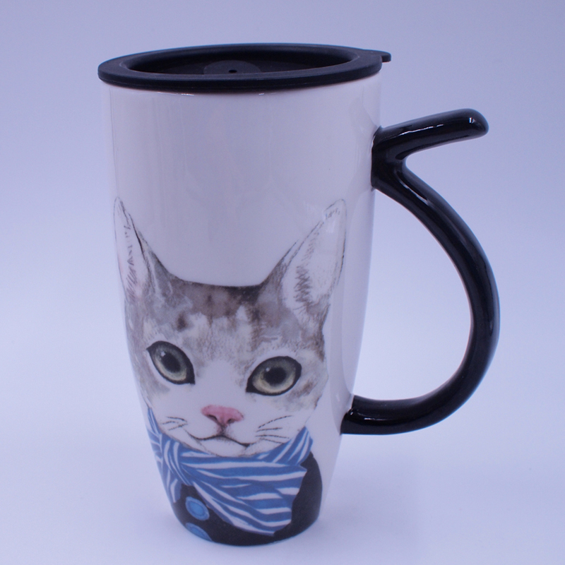 太极婵创意文艺猫个性陶瓷杯 大容量马克杯带盖 咖啡杯情侣杯  喵星人马克杯定制logo厂家批发