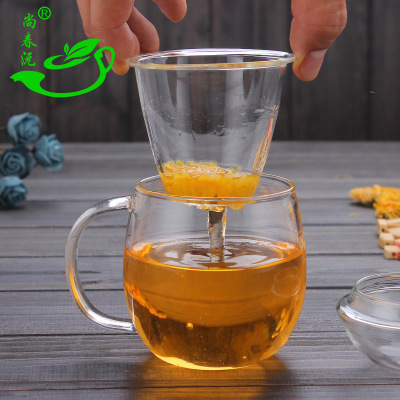 玻璃茶杯厂家玻璃茶杯过滤网带盖加厚花茶杯玻璃三件杯 透明创意玻璃泡茶杯