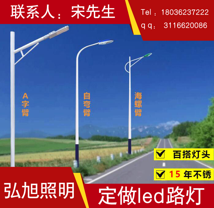 扬州弘旭照明生产新农村改造11米自弯臂LED路灯户外防水灯头