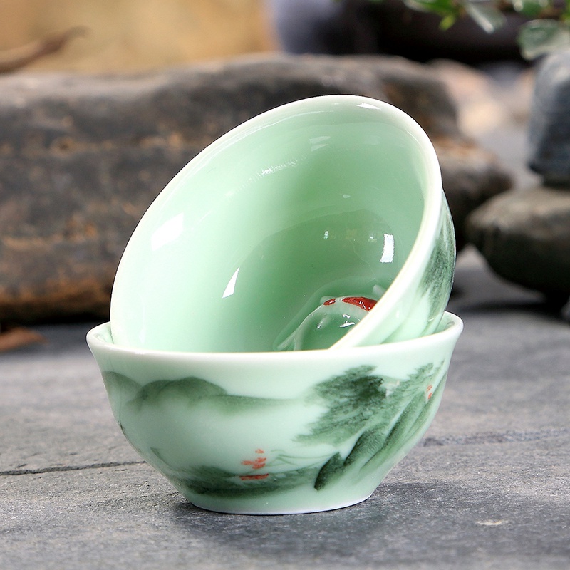 厂家直销 青瓷手彩手绘陶瓷茶具茶杯 青瓷茶具