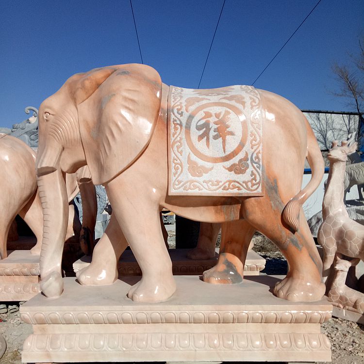 保定市石雕大象雕塑厂家晚霞红石雕大象 石雕大象雕塑 家门口招财石雕象 动物石雕