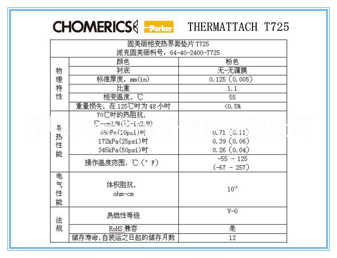 深圳市chomerics固美丽T725厂家供应chomerics固美丽T725,热相变化导热材料，能更好填充导热间隙，可定制加工