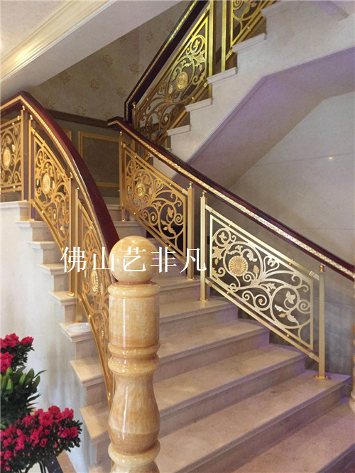 酒店玫瑰金楼梯护栏 别墅设计铝艺楼梯护栏 艺术楼梯护栏厂图片