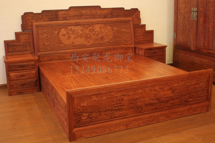 西安实木双人床价格-红木床厂家报价-中式仿古床尺寸效果图图片