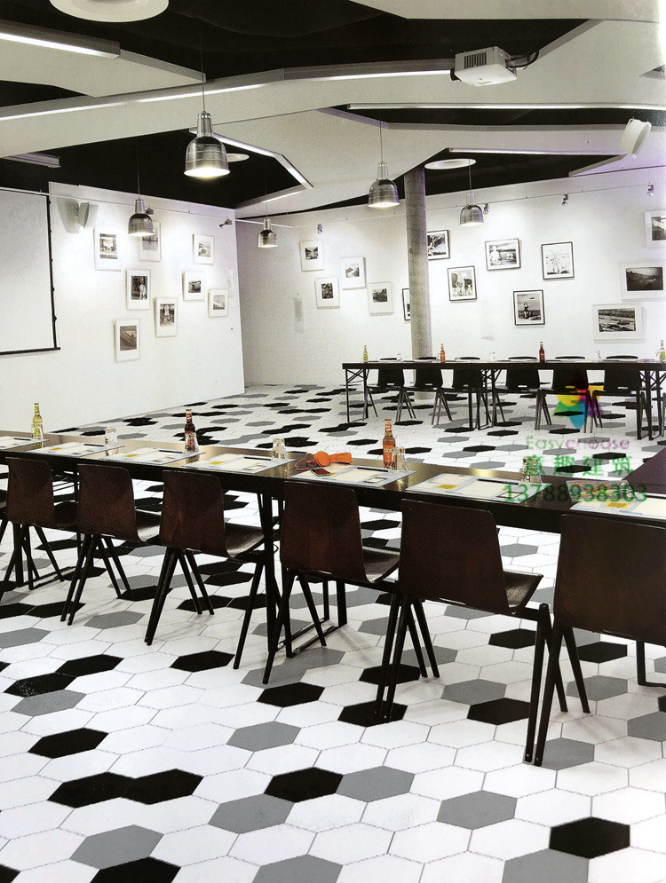 六边形PVC塑胶地板艺术地胶耐磨防滑蜂窝办公餐厅会展创意地板