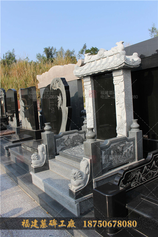 供应豪华家族石雕墓碑 墓地花组合 中国黑大理石材墓碑套 可定制图片