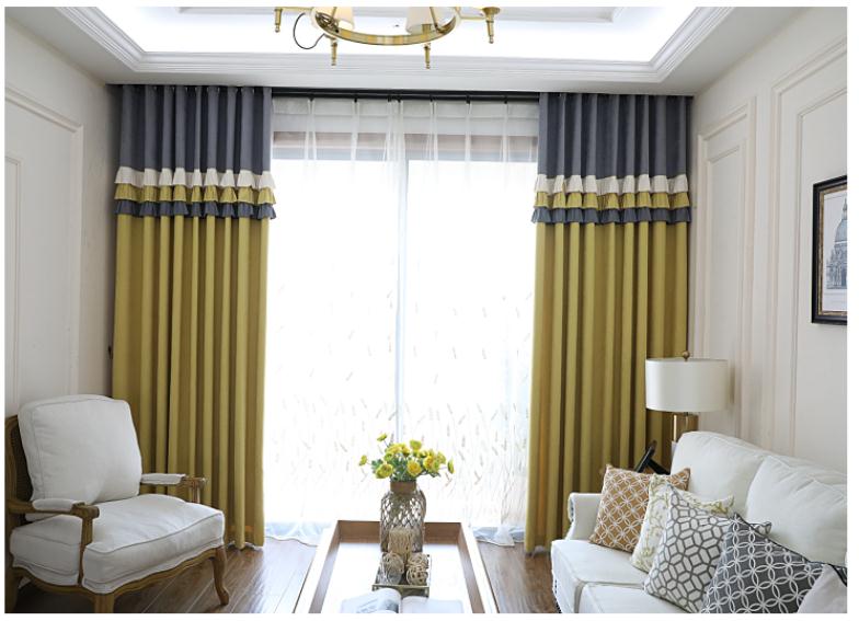 美式轻奢客厅窗帘成品拼接花边北欧卧室公主风黄色布帘简约现代纱图片