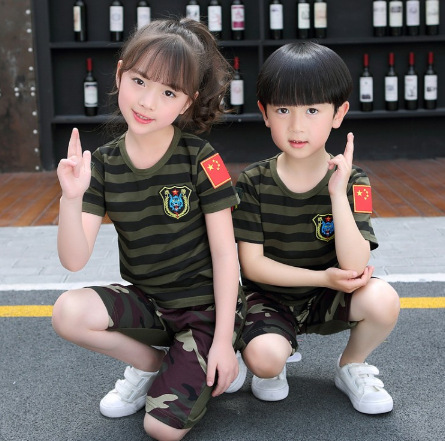 2019儿童夏令营迷彩服短袖短裤套装小学生条纹迷彩表演服图片