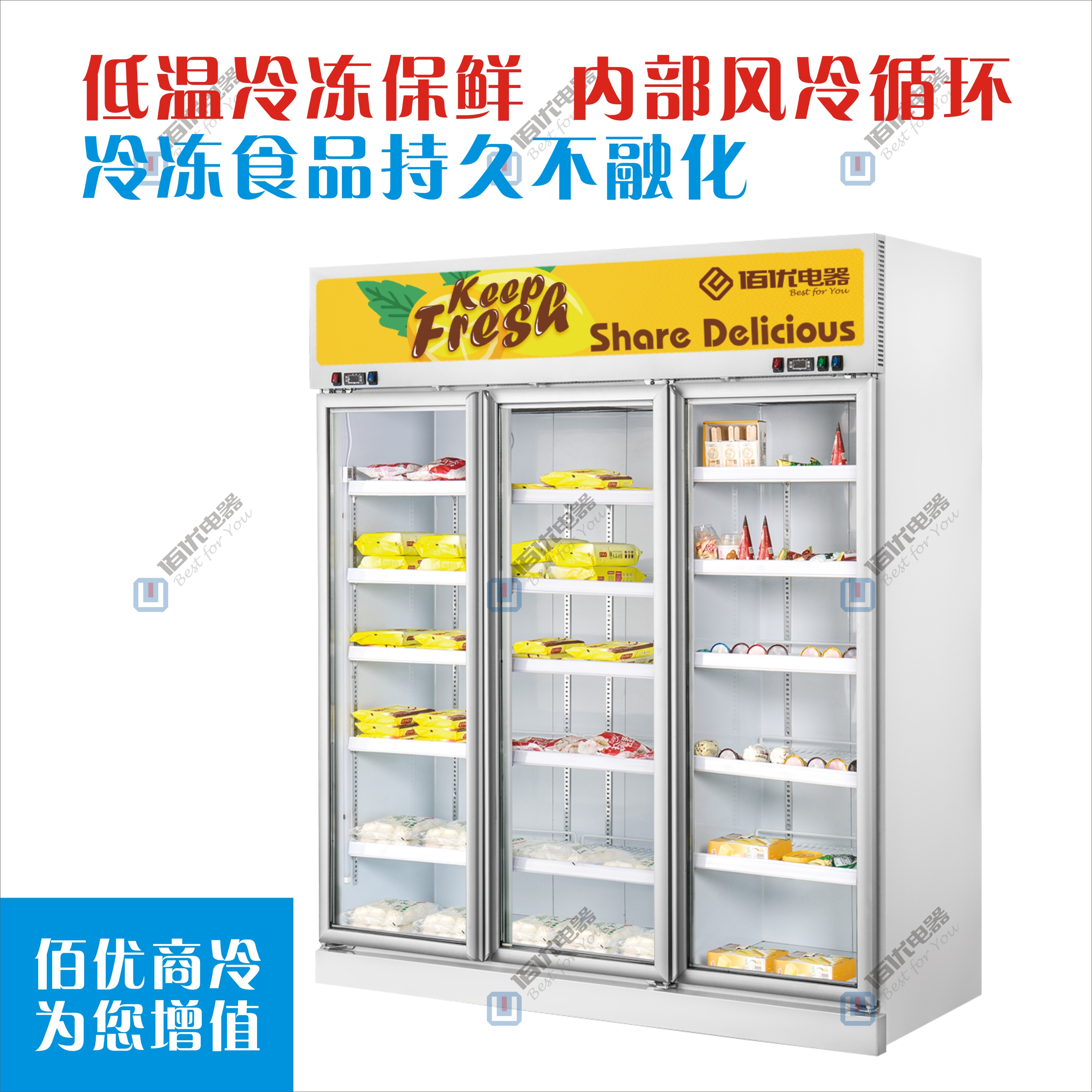 冷冻食品展示柜，超市冷藏展示冰柜，立式食品冰鲜展示柜图片