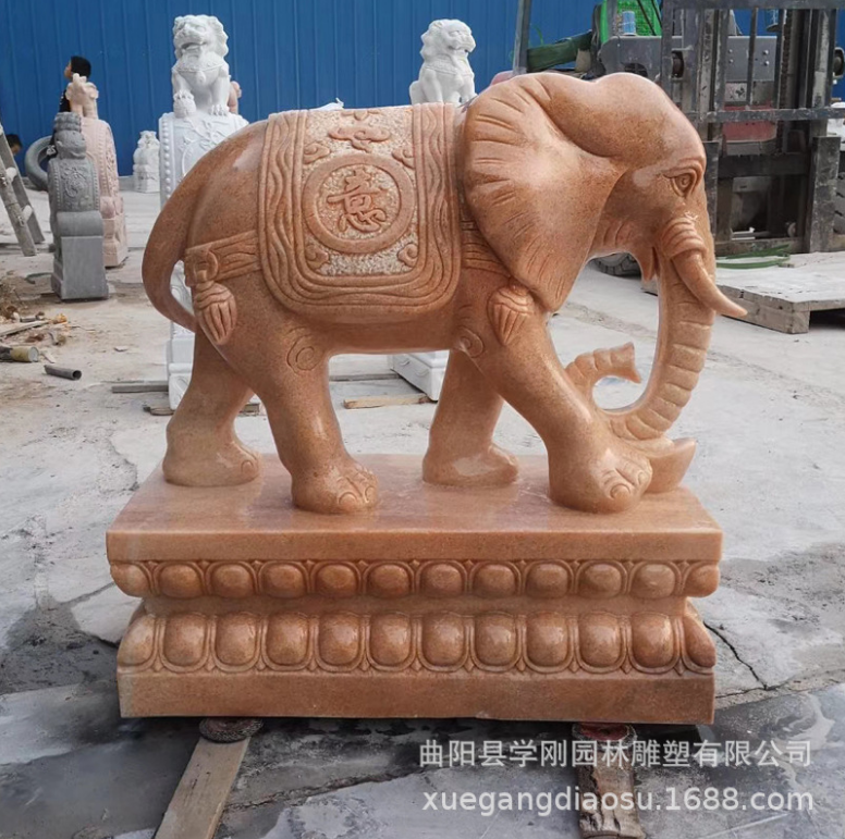 保定市石象动物雕塑门口摆件厂家石雕大象 汉白玉一对 晚霞红小象 石象动物雕塑门口摆件厂家直销