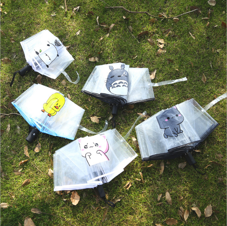 创意小清新透明雨伞   三折叠全自动伞  折叠学生女卡通定制广告伞图片