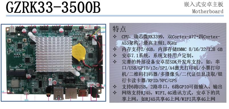 深圳市RK3399嵌入式安卓主板厂家GZRK33-3500B RK3399嵌入式安卓主板嵌入式安卓工控主板android开发板