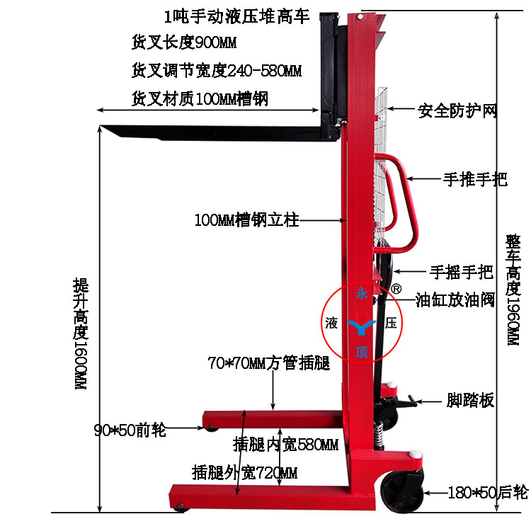 泰兴1吨手动液压堆高车 提升1.6米装卸搬运叉车