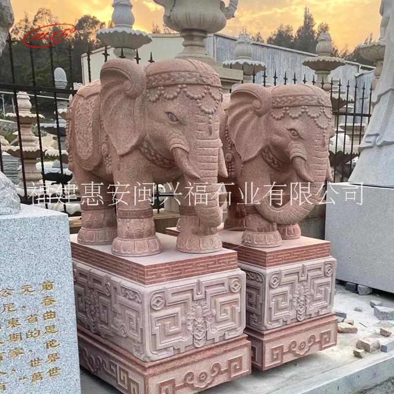 印度红大象石雕一对看门家用石雕动物门墩庭院别墅大门口摆件