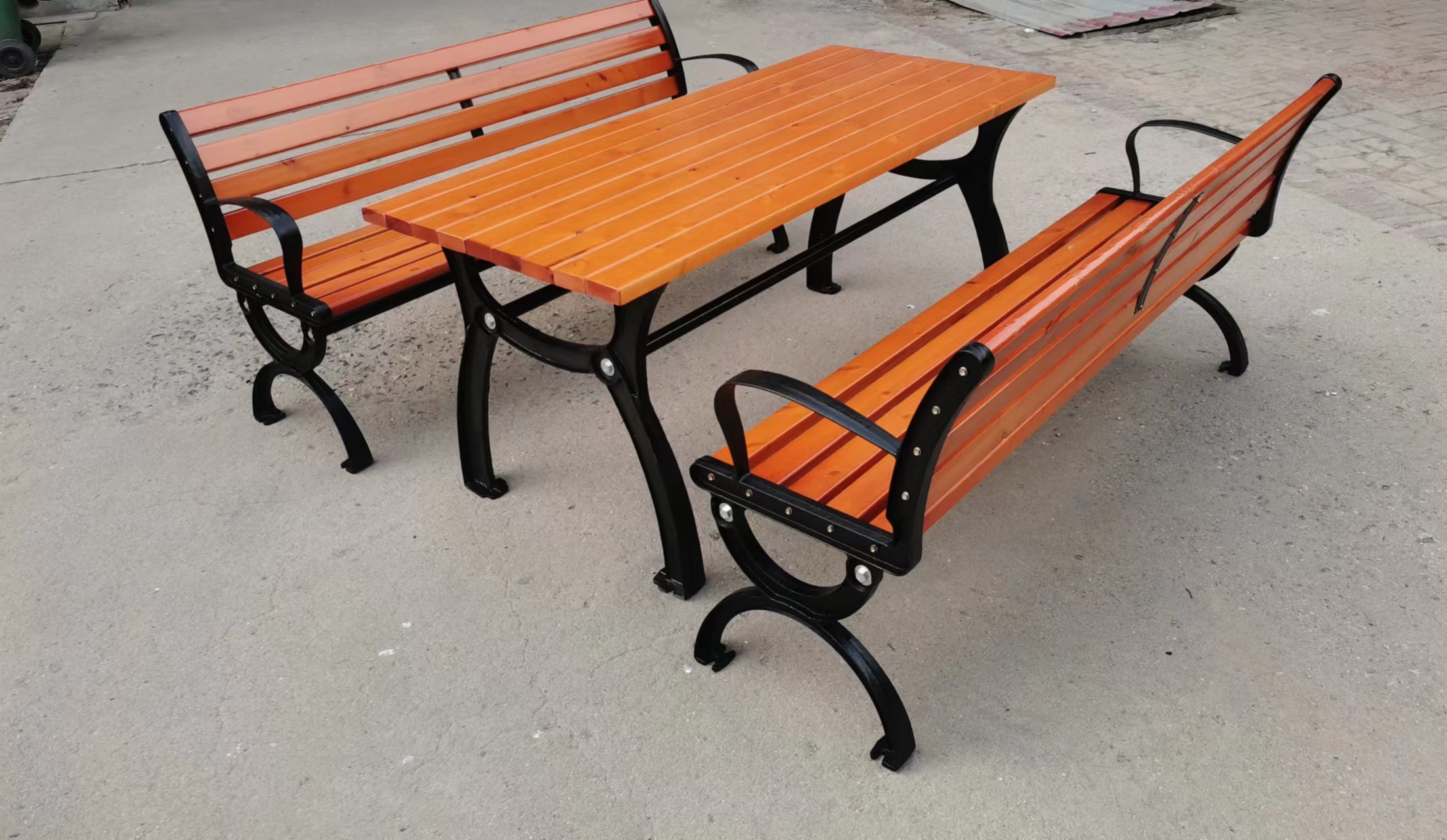 公园小区景区步行街休闲广场桌椅金属实木焊接桌椅图片