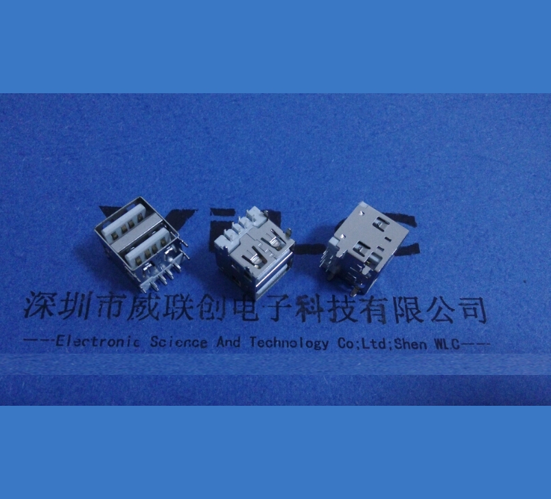 AF90度双层USB连接器 短体13.1母座 正向PBT白色胶芯 四小脚插板 无卷边USB母座 双层