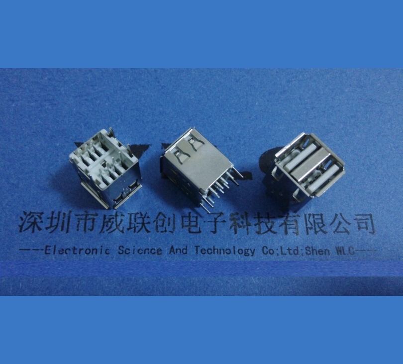 AF180度双层USB连接器 立式插板17.0 双层USB母座 四脚直脚卷边