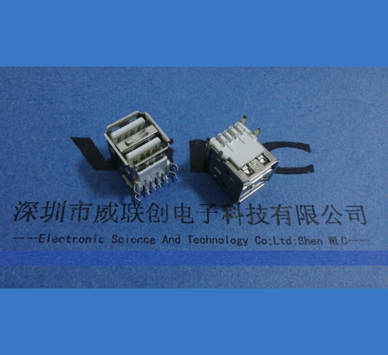 深圳厂家供应 AF90度 双层USB母座 双弹卷边 USB双层连接器 弯脚连后盖